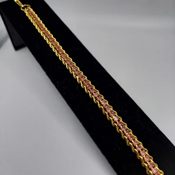 Vintage Tennis Bracelet w/Pink Rhinestones& Goldtone, GC. - Picture 4 of 9